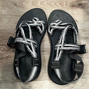 Chaco Black Sandals with White-Marled Straps